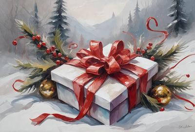 The primary subject of the image is a beautifully wrapped gift, which is placed on a snowy surface. The setting includes a mountainous background, adding a sense of depth and natural beauty to the scene. The visual style of the image is a painting, which showcases the artist's skill in capturing the details and colors of the gift and the snowy environment. The colors and mood of the painting are predominantly white and cold, creating a serene and peaceful atmosphere.